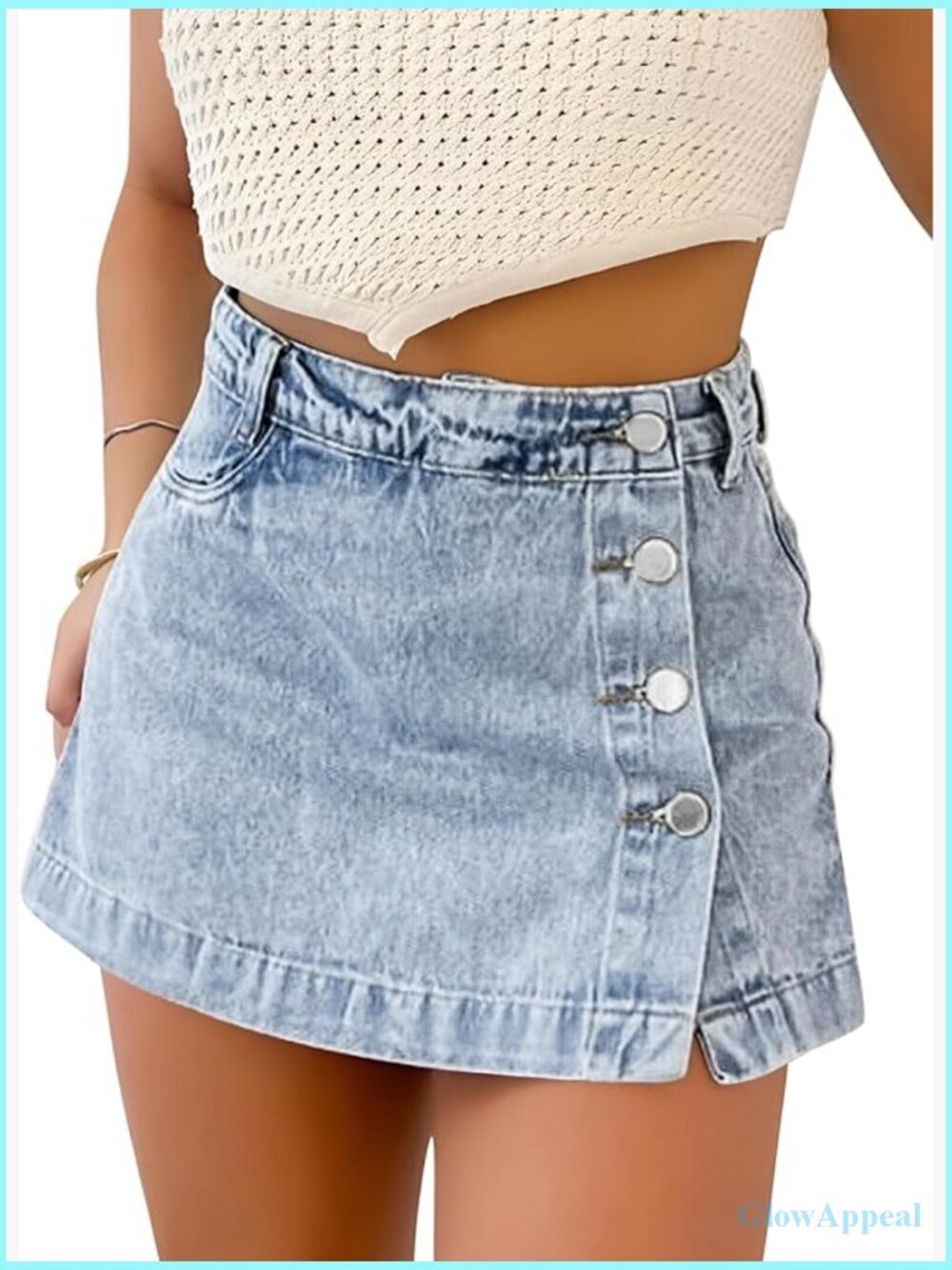 Trendy High Waisted Stretchy Denim Skort with Pockets